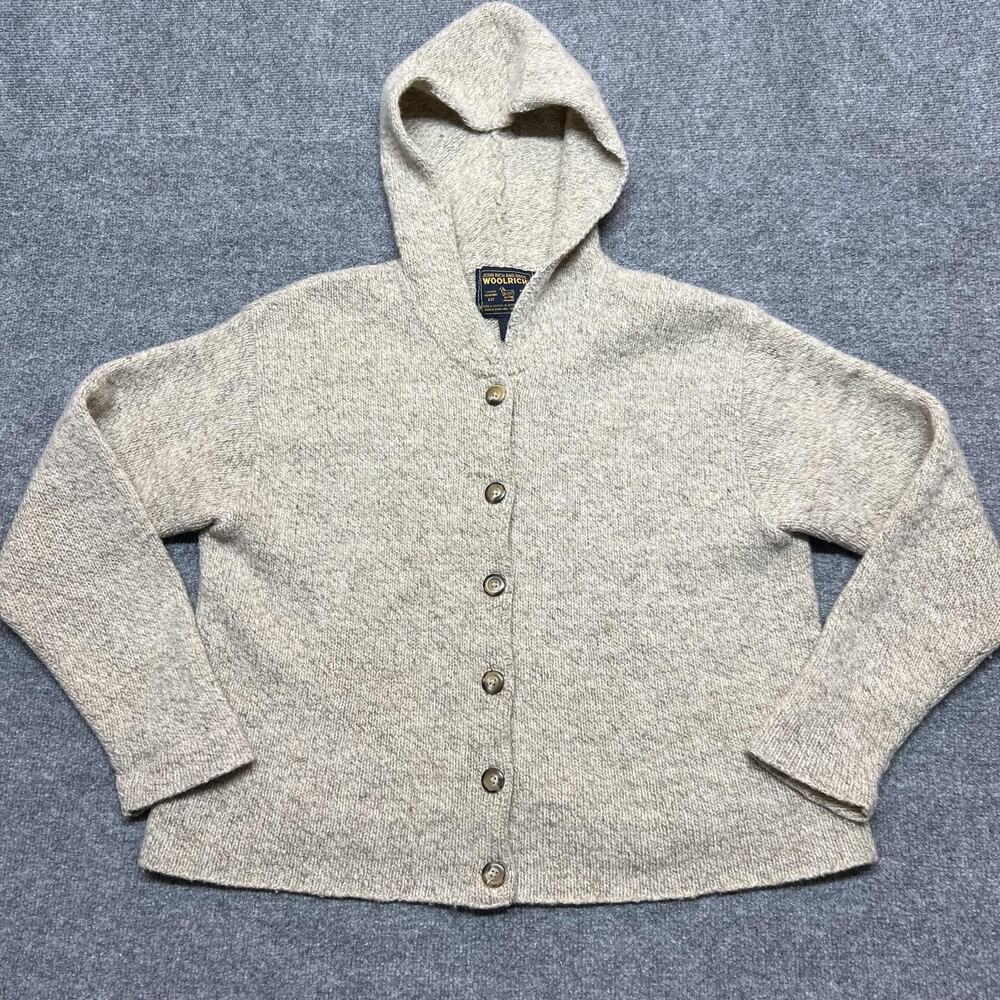 Woolrich Cardigan Sweater Womens Large Beige Wool Nylon Hooded Button Front